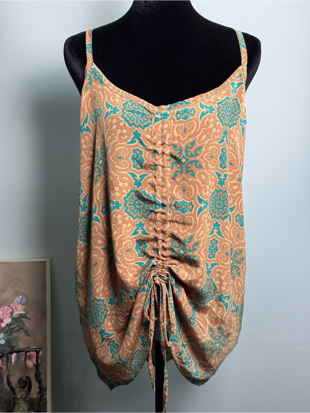 NWT 100% Silk Ruched Paisley-Print Spaghetti Strap Cami in Teal & Gold One Size